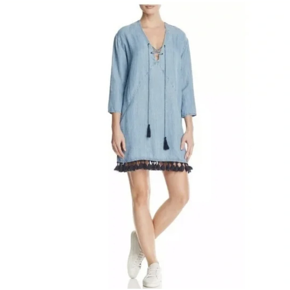 Rails Womens Alicia Denim Chambray Tassel Trim Tunic Shift Dress Size L Linen